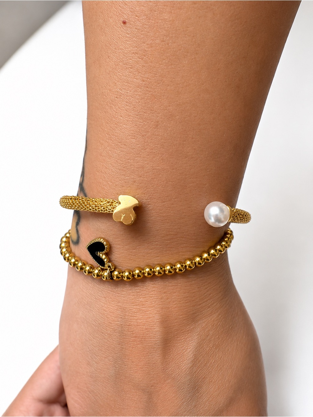 Gold Pearl & Bear Cuff Bracelet - Women Jewelry